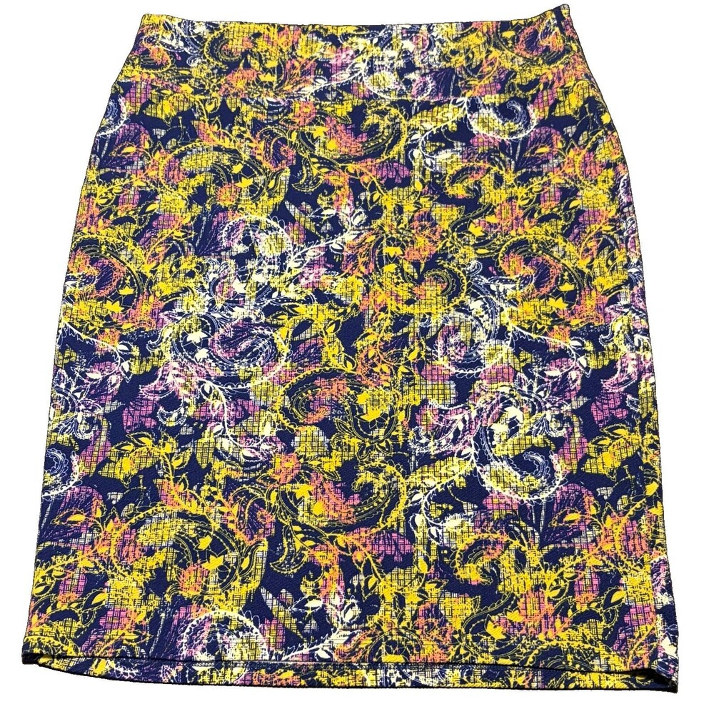 Lularoe Cassie Pencil Skirt Woman’s Size XL Blue Yellow Pink Paisley Abstract - Picture 2 of 7